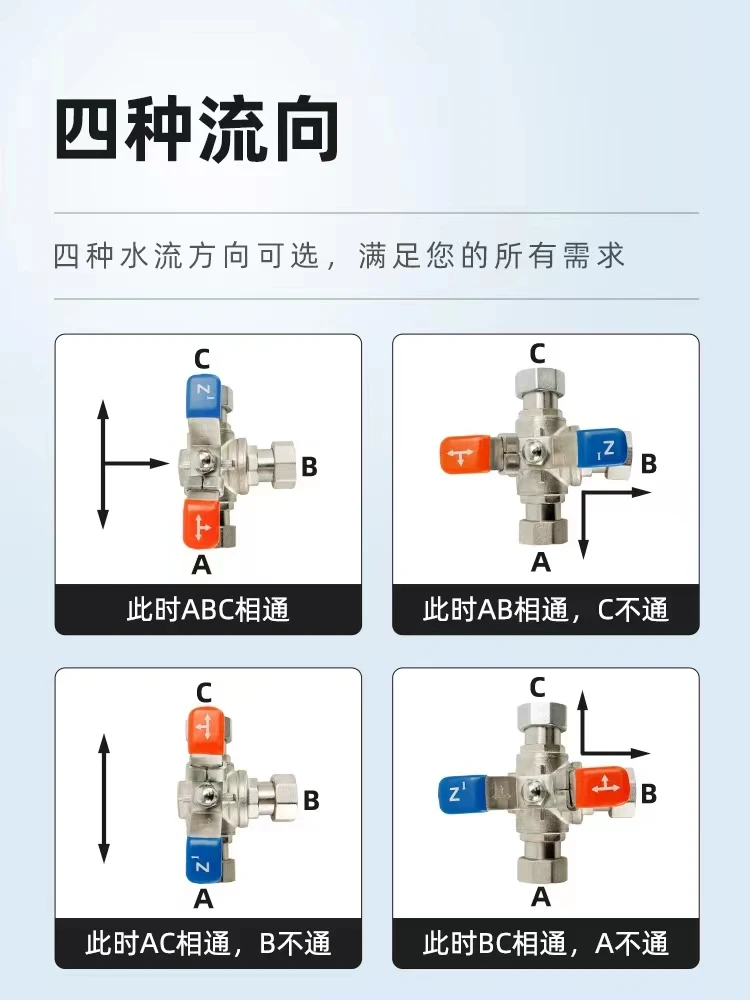 Live ball valve three-way with card position tap water adjustment conversion straight-through valve switch thickened copper 6 po