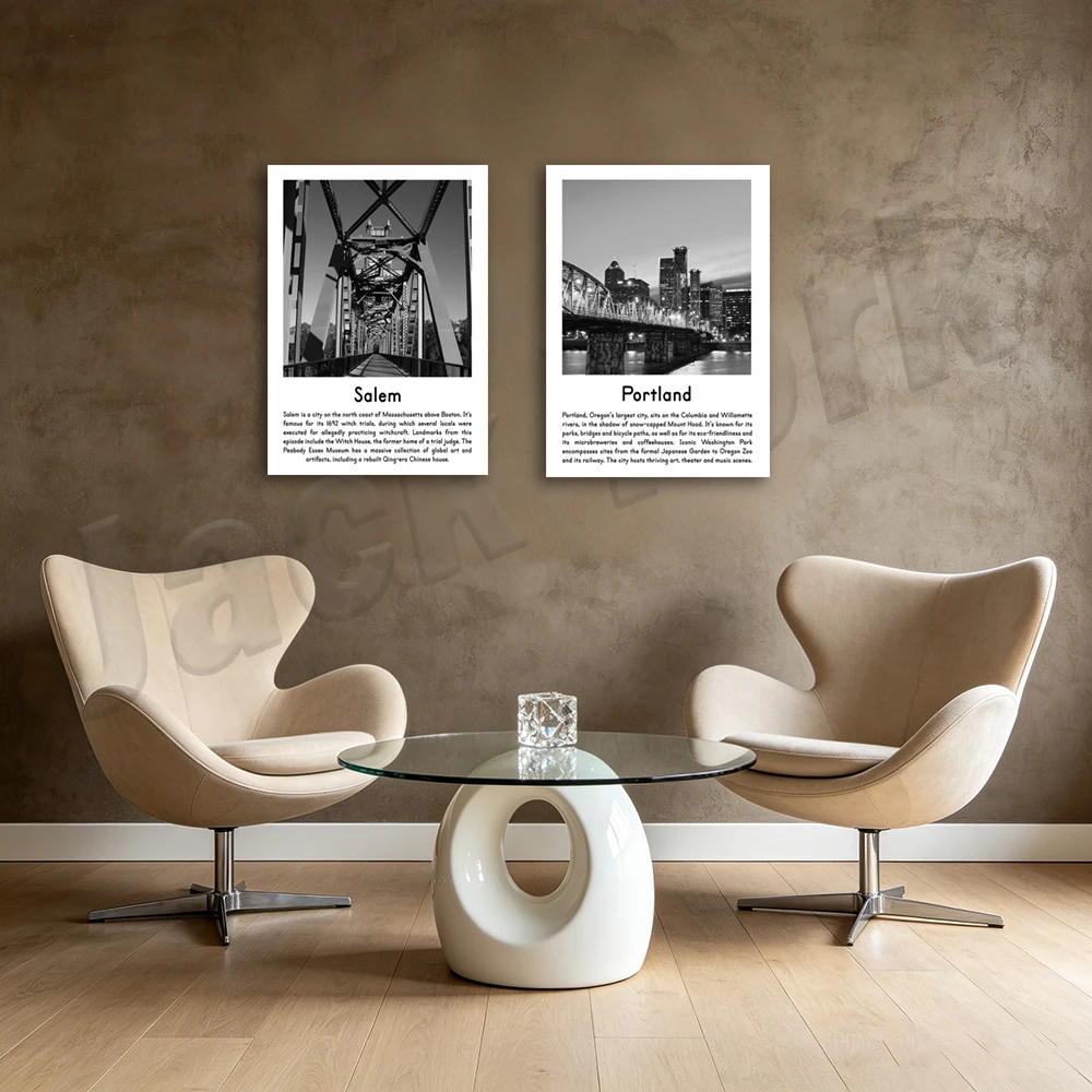 Black and white travel posters for New Orleans, Washington DC, Tacoma, Dallas, Portland, Miami, Kansas, Atlanta, Nashville, Sale