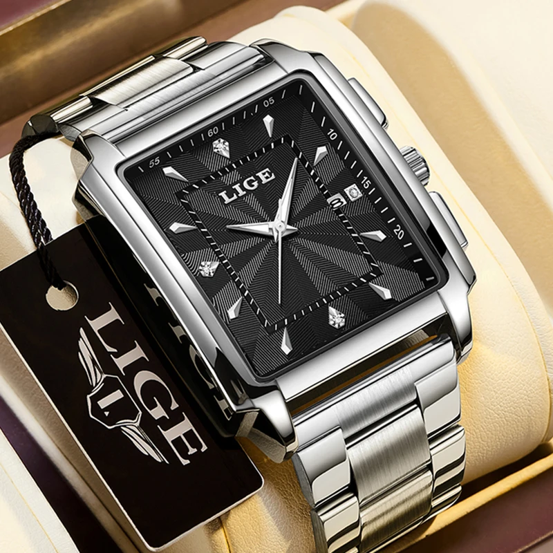 LIGE Fashion Men Quartz Wristwatches Top Brand Luxury Waterproof Watches for Men Fashion Square Chronograph Relogio Masculino