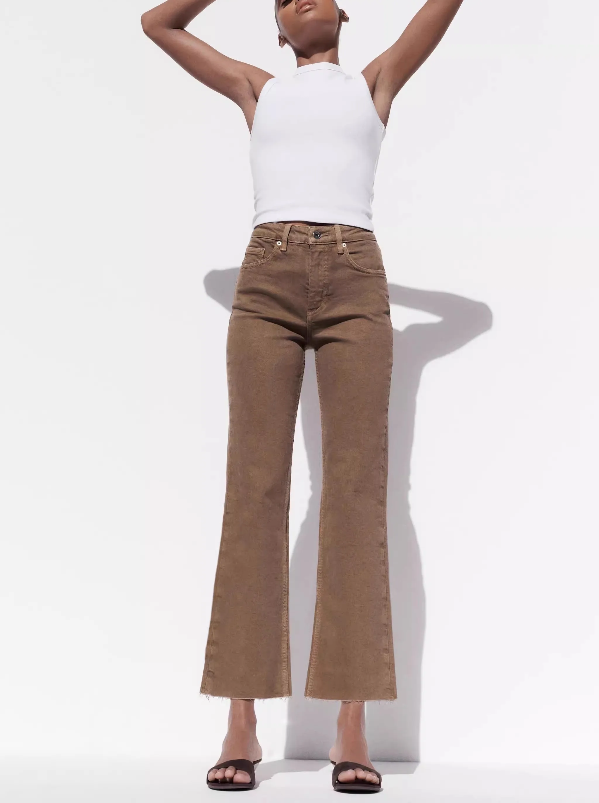 

Джинсовые джинсы-колокольчики с высокой талией, женские повседневные джинсы с металлическими пуговицами, длина до щиколотки, синие женские модные джинсы