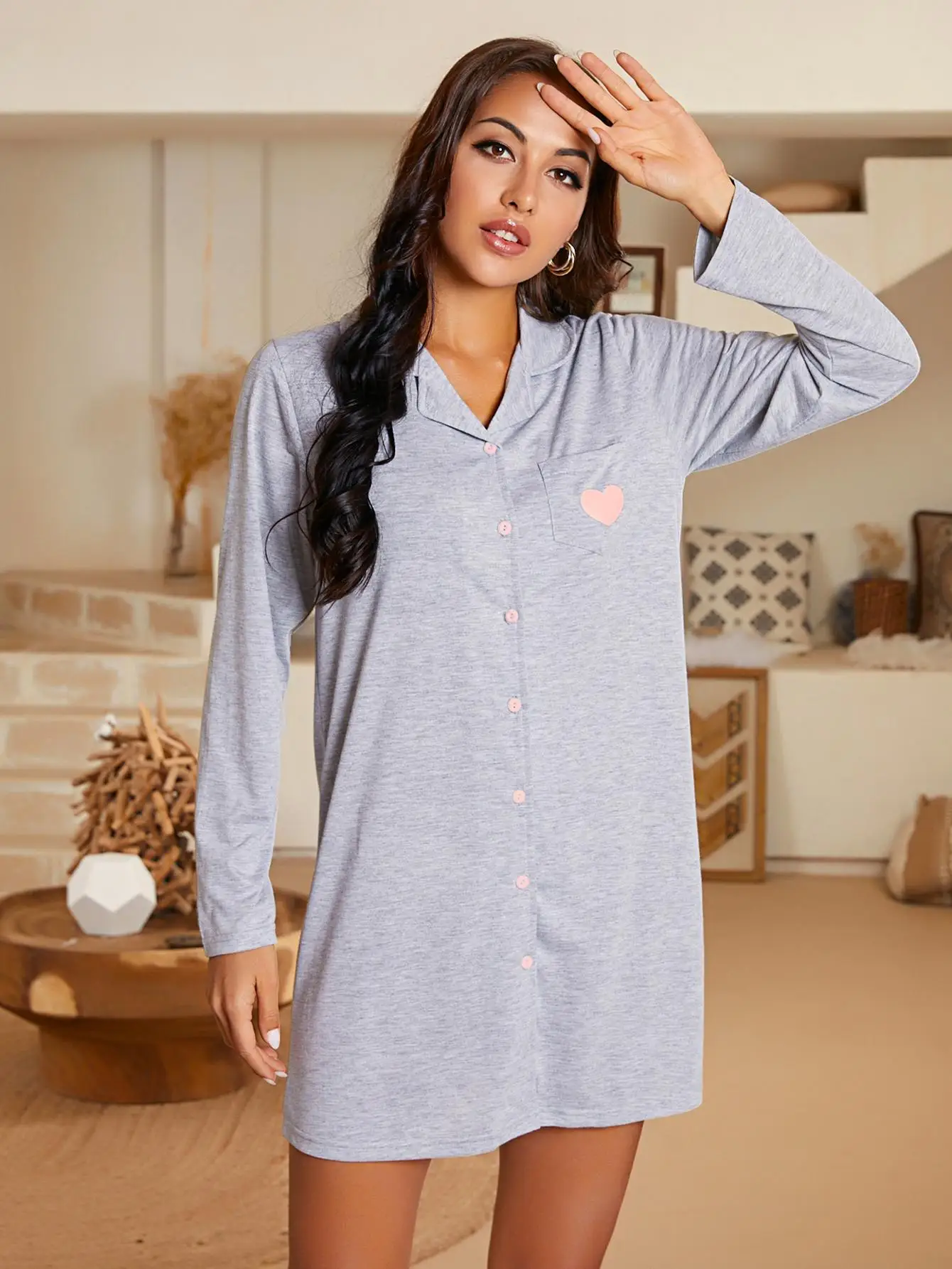 Autumn Sexy Heart Design Sleepwear Lady Gray Night Gown Homedress Turn Down Collar Sleeping Dress V Neck Home Wear Suit Women