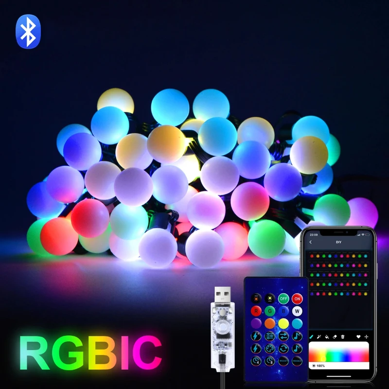 

10M LED Bulb String Light Bluetooth APP Remote Outdoor USB RGB Color Changing String for Party Wedding Garden Backyard