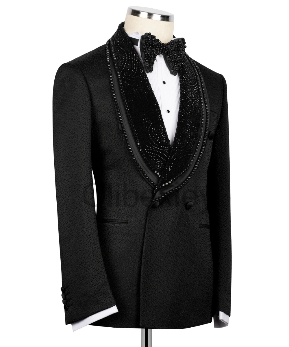 Olibexley Elegant Black Men Suits 2 Pieces Set Rhinestones Beaded Slim Male Prom Blazers Groom Wedding Tuxedos Customized S292