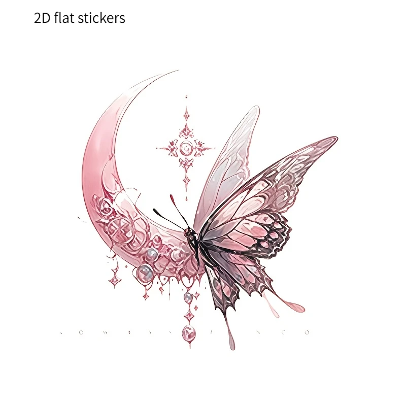 2D Flat Pink Moon Butterfly Vinyl Sticker, Waterproof Decal For Car Bumper Motorcycle Truck Laptop Window Toilet Wall Decor