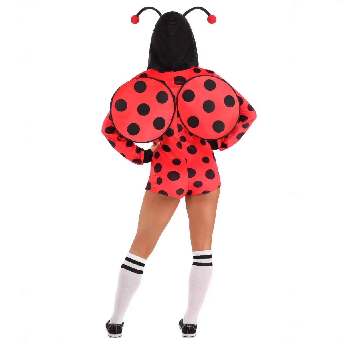 New Arrival Red Ladybug Costume Women Adult Halloween Purim Long Sleeve Zipper Dot Cosplay Hooded Shorts Jumpsuit