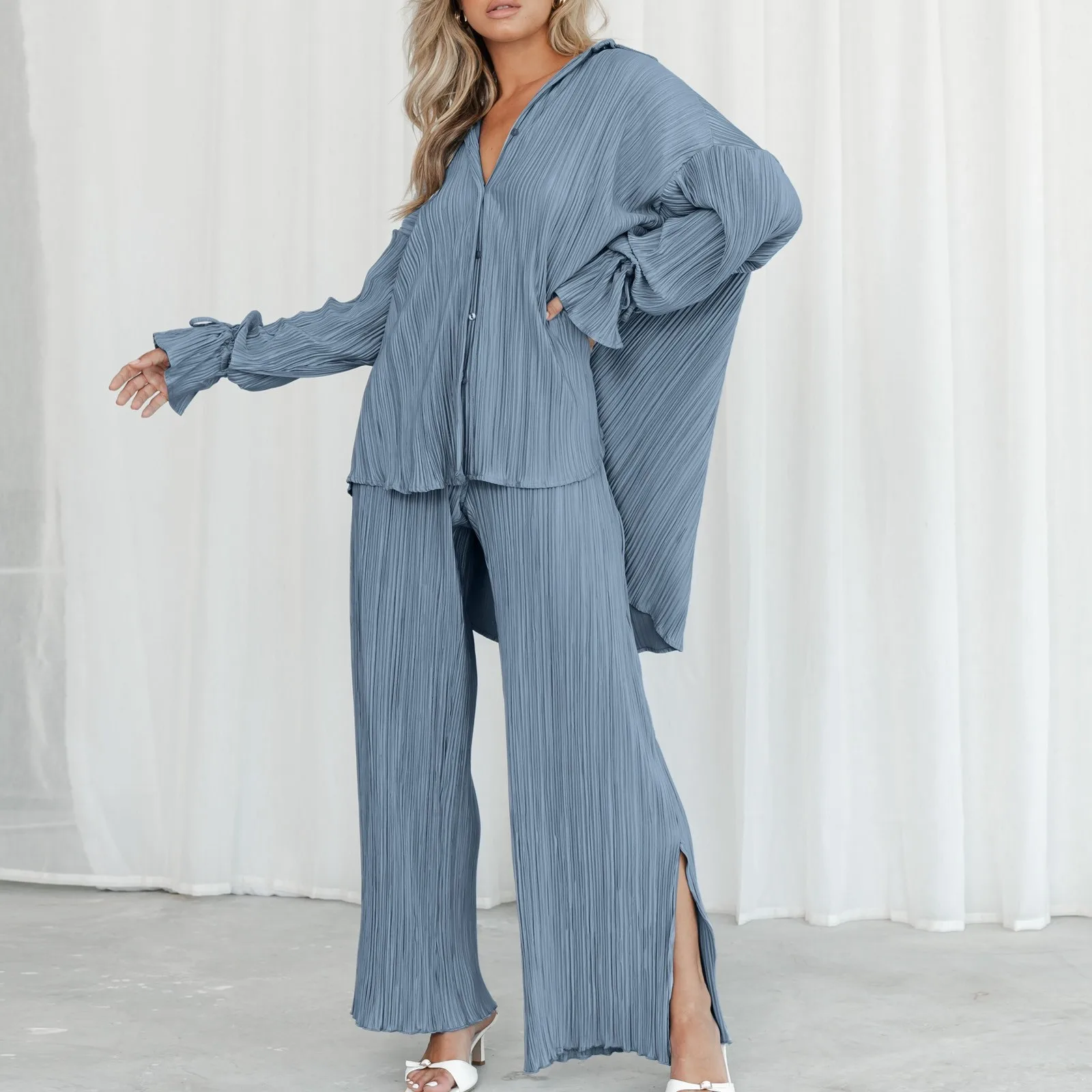 

Women Two Piece Set Pantsuits Solid Color Pleated Long Sleeve Shirt Button Down Lapel Cardigan Shirt Split Pajamas Loungewear