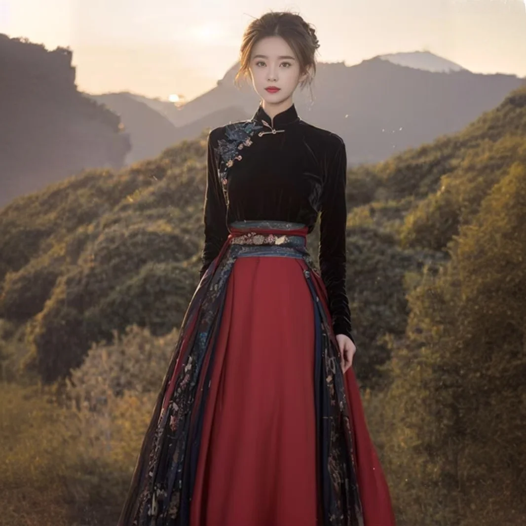 

New Chinese Sle Red Splicing Ma Face Skirt Hanfu Set for Women Winter 2024 Faionable Traditional Chinese Costume