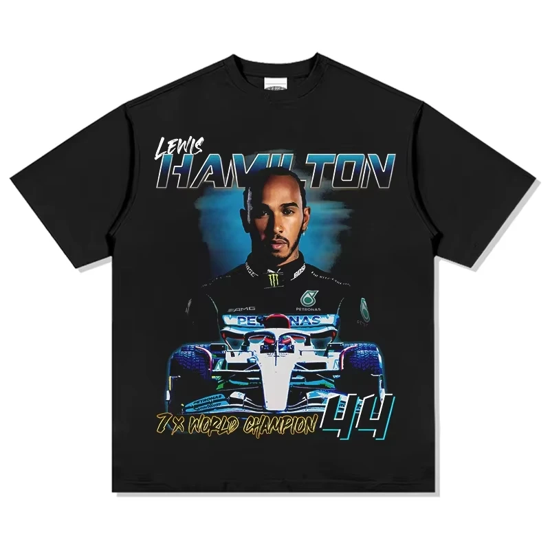 2025 جديد هاميلتون لويس F1 خمر طباعة الرجال النساء حجم كبير عادية كم قصير طاقم الرقبة القطن المحملة للجنسين موضة الشارع