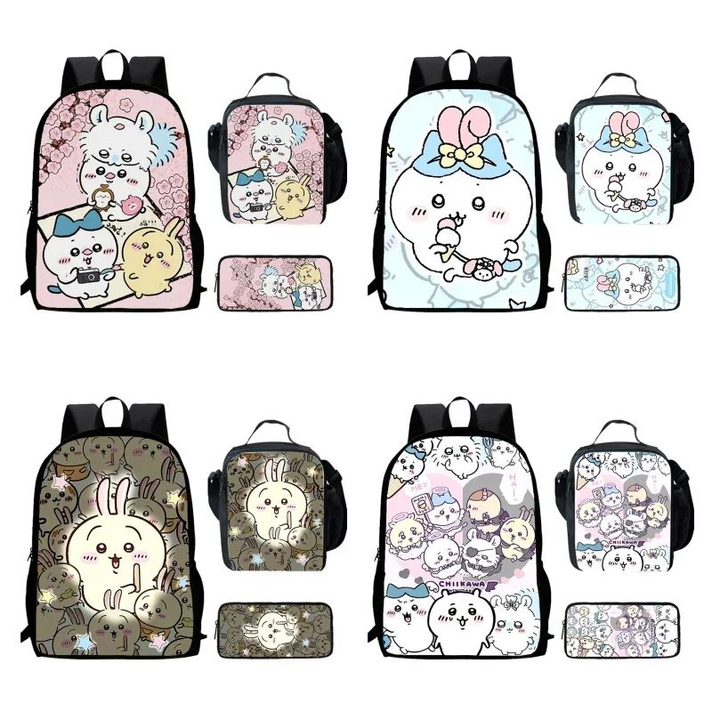 Cartoon Chiikawa Child School Backpack With Lunch Bags Pencil Bags For Age 4-9,Light Weight School Bags For Boys Girls