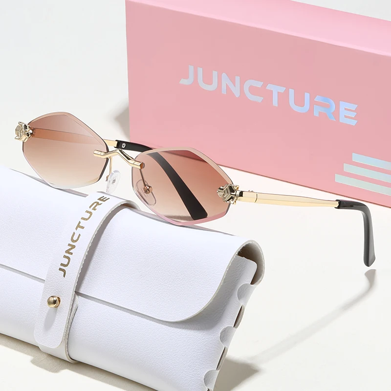 JUNCTURE Mode Kleine Polygonale Sonnenbrille für Frauen Luxus Marke Randlose Braune Raute Sonnenbrille Weibliche Vintage Brillen