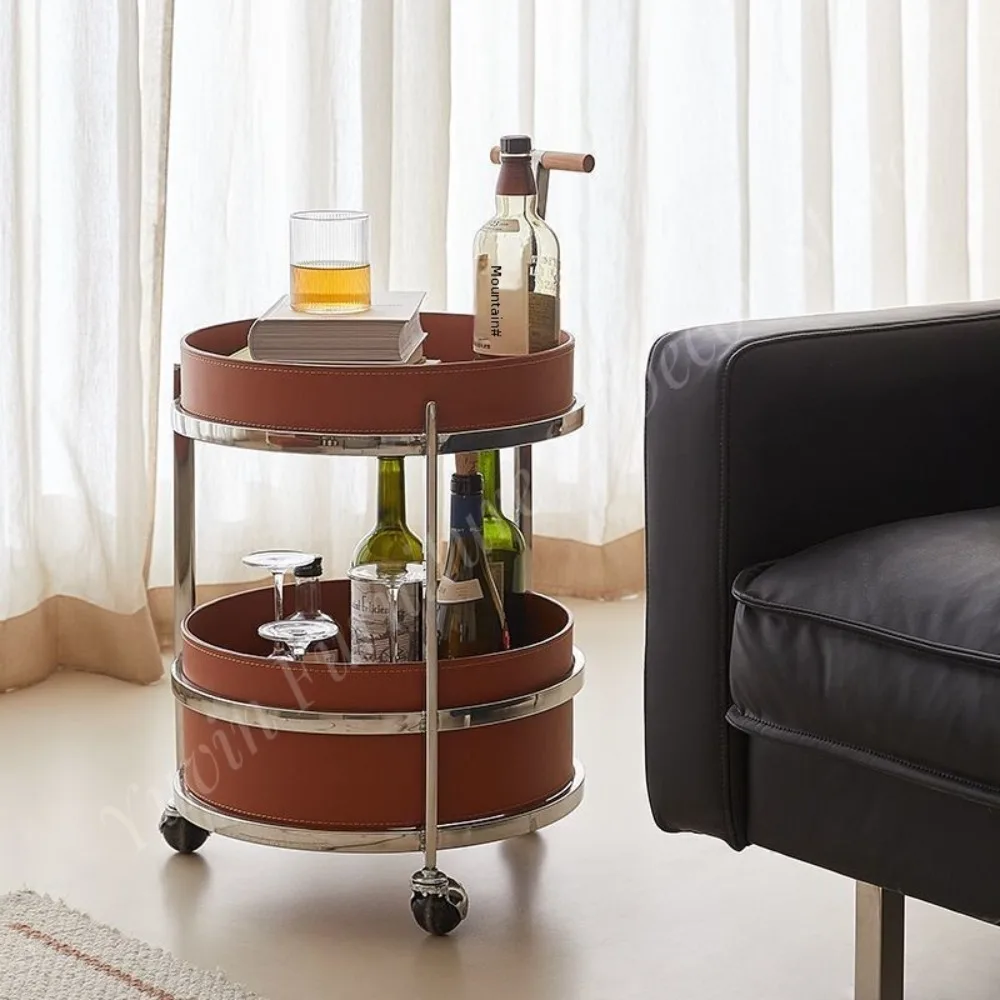 Modern Light-Luxury Side Table Mobile Trolley High-End Stainless Steel Finish Saddle Leather Living Room Furniture