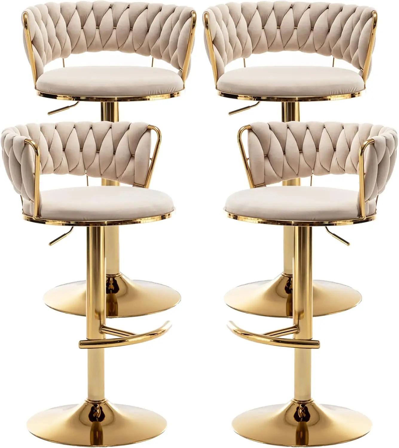 Beige Velvet Bar Stools Set of 4 with Woven Backrest, Adjustable for Kitchen Island, Dining Room, Cafe, Pub