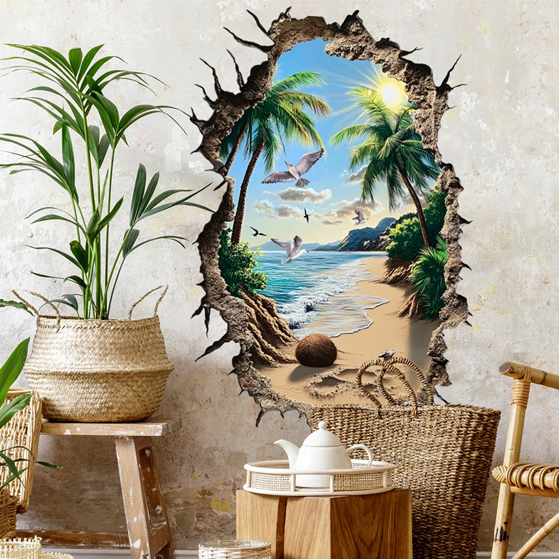 Sea View Big Wall Hole Art Sunny Beach Waves Coconut Trees Seagull Vinyl Mural Stickers Home Decoration for Living Room Bathroom