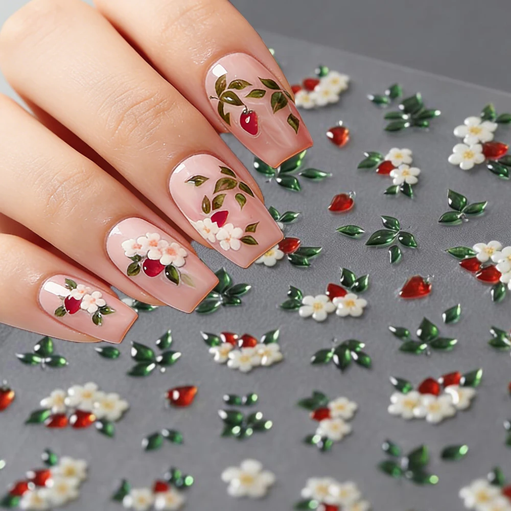 1pcs Delicate Chic White Flower Jelly Green Leaves Nail Stickers 5D Red Fruits Lily Gardenia Nail Decals DIY Rhinestone Manicure
