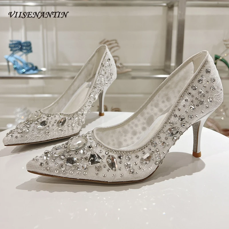 

Bling Rhinestone Design Women Pumps Crystal Slip on Pointed Toe Thin High Heel Shallow Elegant Party Wedding Dress Shoes Females