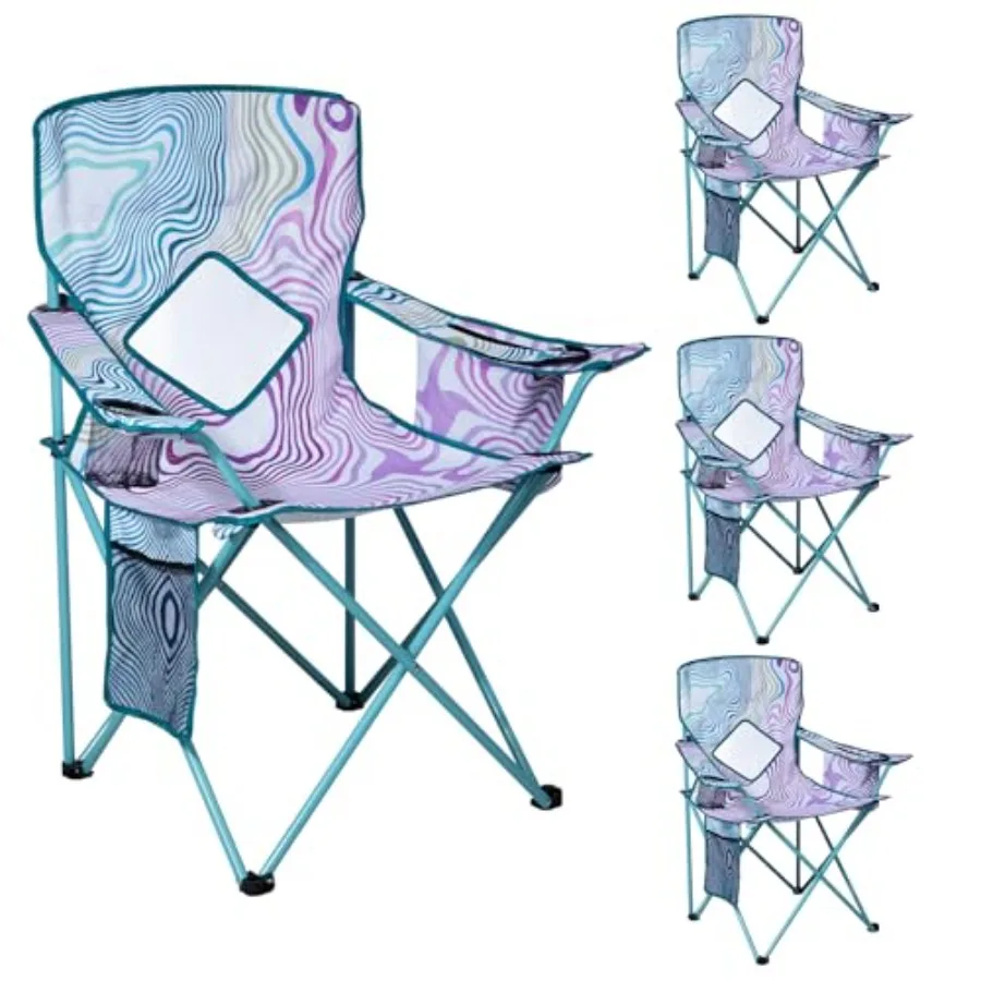 

4 Pack Folding Camping Chair with Cooler Pouch, Mesh Backrest and Cup Holder Pocket for Outdoor Use, Polyester Fabric, Blue and