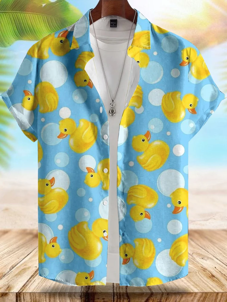 2024 Hawaii New Men's Short-sleeved Shirt Fashionable Yellow Duck Print Men's Casual Shirt Summer Street Daily Men's Shirt