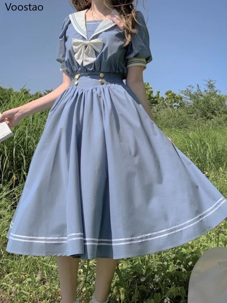 Vestido Lolita de hermana suave japonesa para mujer, dulce manga abullonada, Vestidos delgados para estudiantes, fiesta Retro para niñas, cuello de salida con lazo