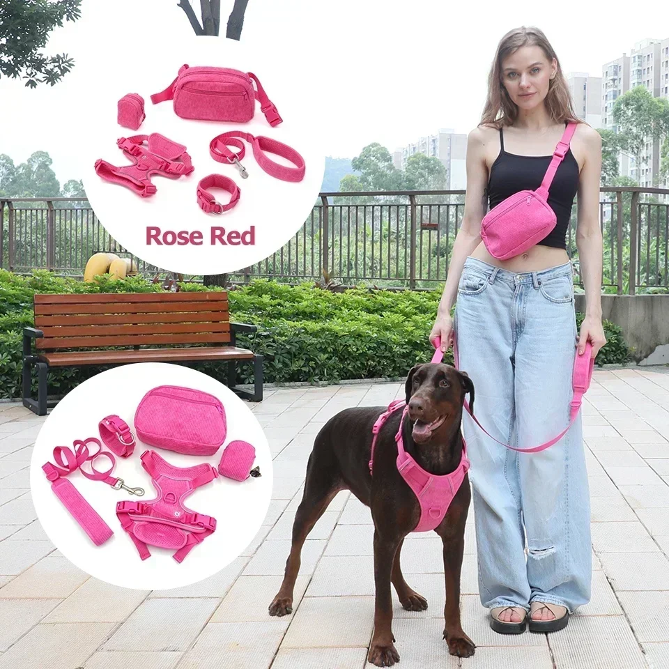 

New Hot Selling Products Corduroy Padded Luxury Dog Harness Rose Red Fancy Dog Leash Set Personalized Customizable Dog Collar