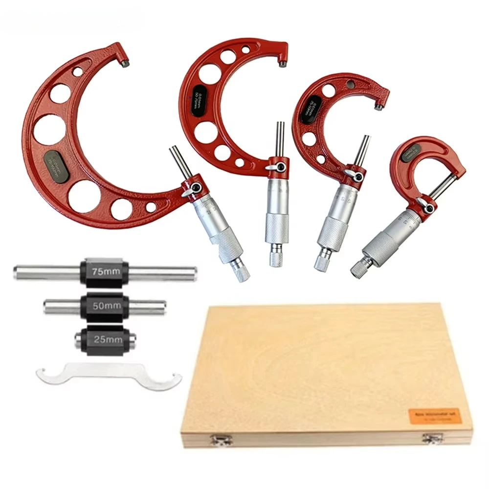 

A Set 0-25mm-50mm-75mm-100mm Outside Micrometer Set with Standards Ratchet Stop 0-100mm Range 0.01mm Graduation Micrometer