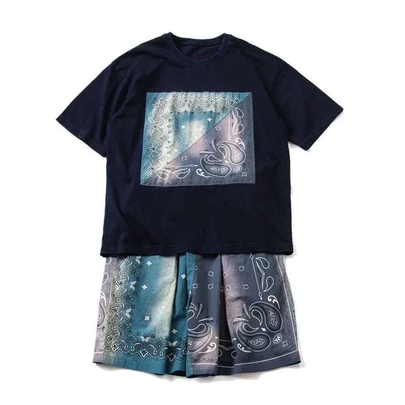 Japanese Star Tie Dyed Cashew Blossom Patchwork Contrast Shorts with Variable Tightness Summer Loose Printed Pants Men