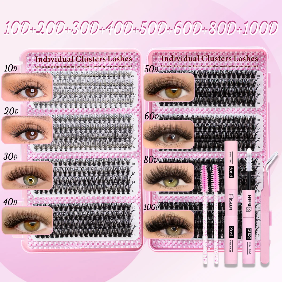 ISEEN Kit de extensión de pestañas DIY, mezcla de pestañas de alta capacidad, Kit de pestañas individuales con unión, sello, pinzas y cepillo para pestañas