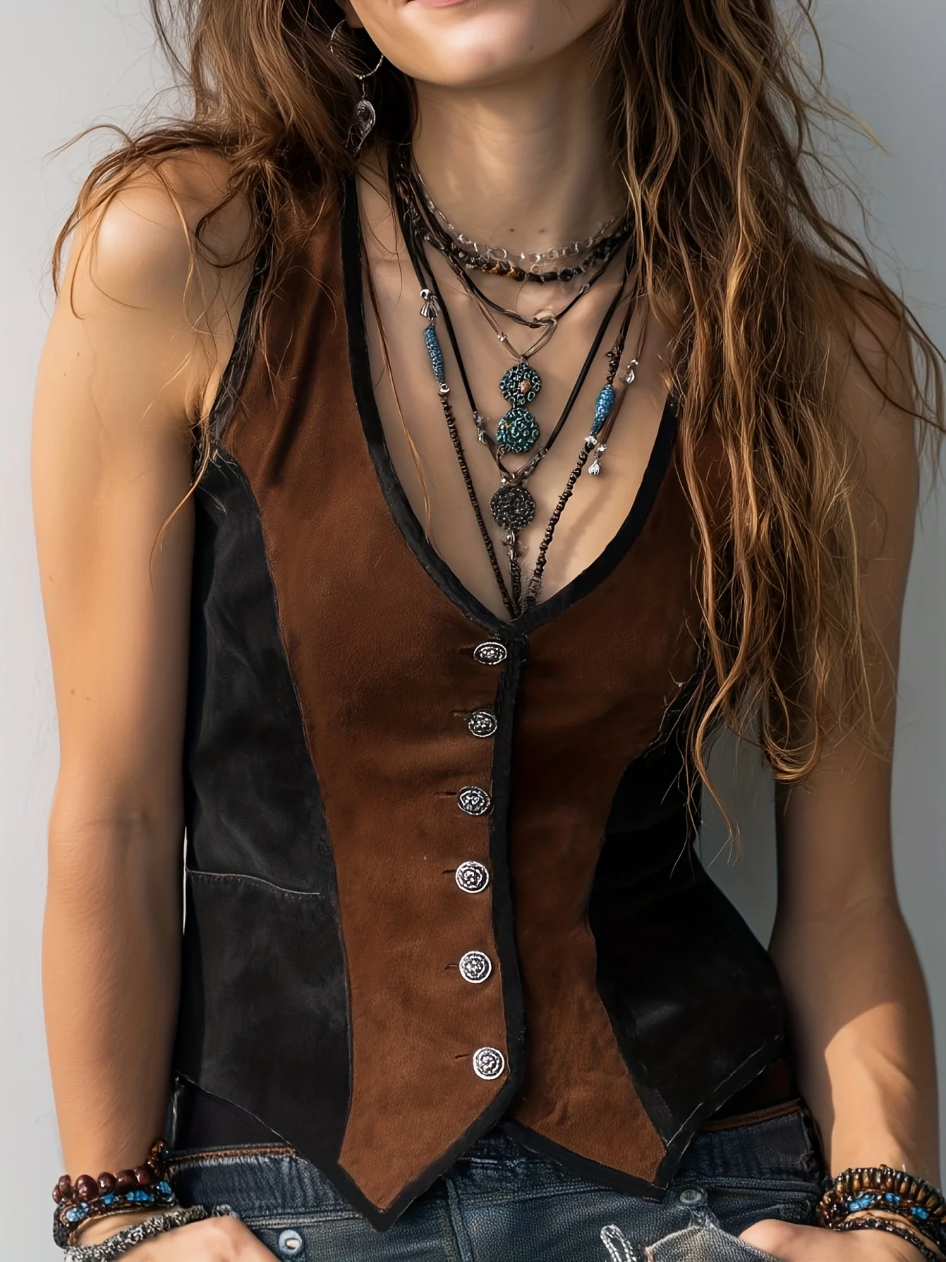 Women's Spring and Autumn Retro Color-block Trim Faux Fur Vest