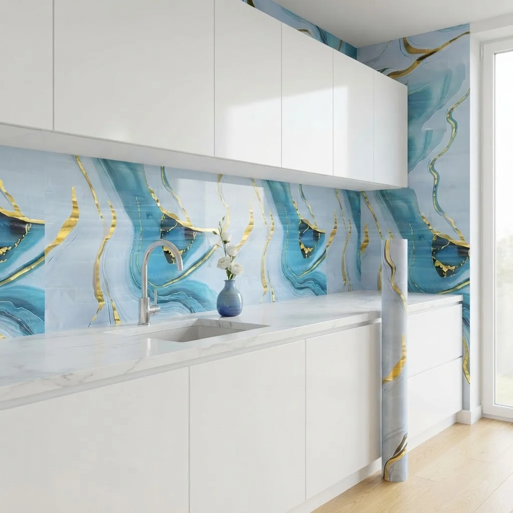 Light Blue Gold Foil Fluid Marble Peel and Stick Wallpaper Gloss Waterproof Kitchen Backsplash Contact Paper