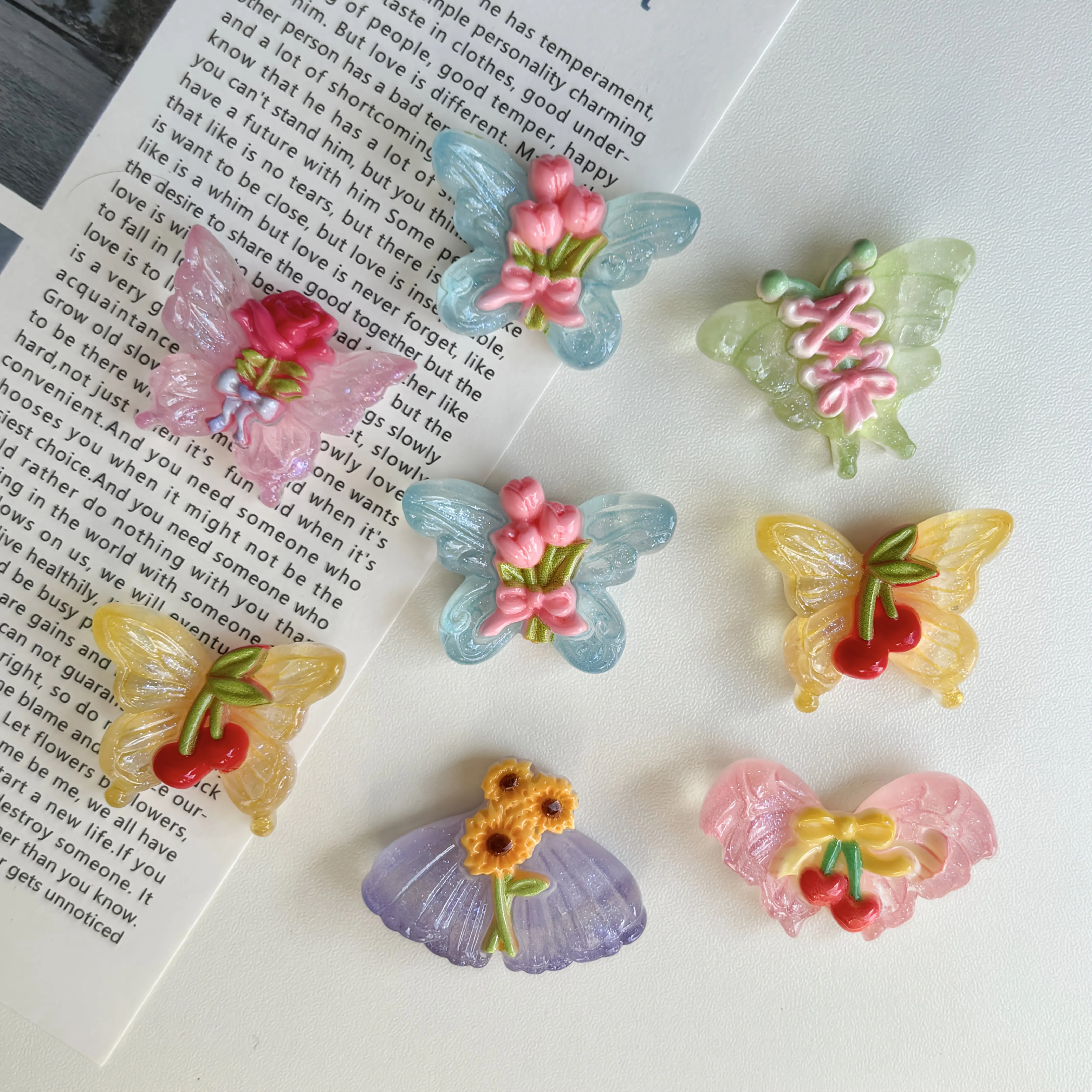Eight Colorful Transparent Butterfly-Shaped Resin Fridge Magnets - Cute Decorations Suitable for Kitchens