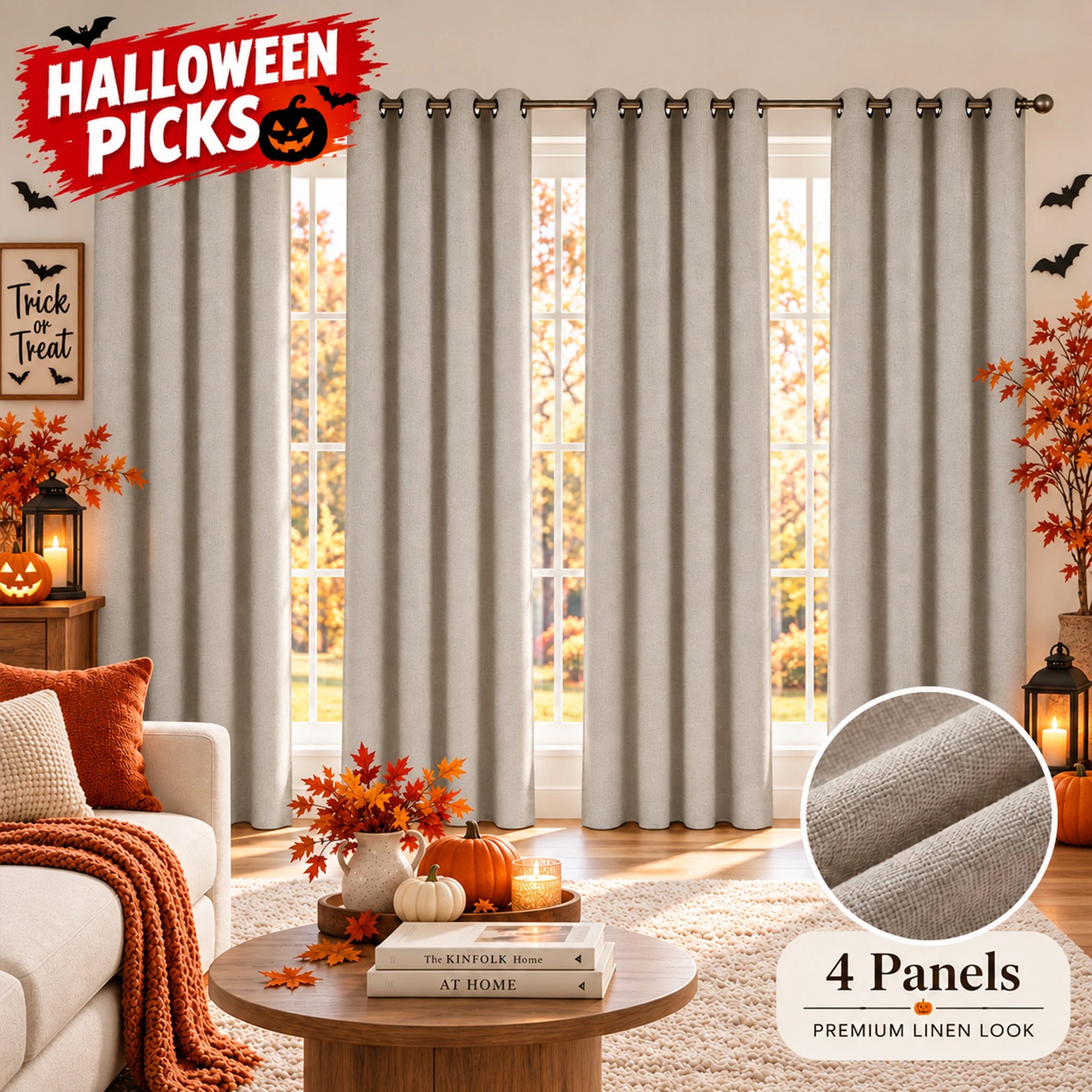 4 Panels Khaki Blackout Curtains Linen Texture, Halloween Fall Decor Window Drapes, 100% Blackout Thermal Privacy Curtain with Waterproof Back Room Divider