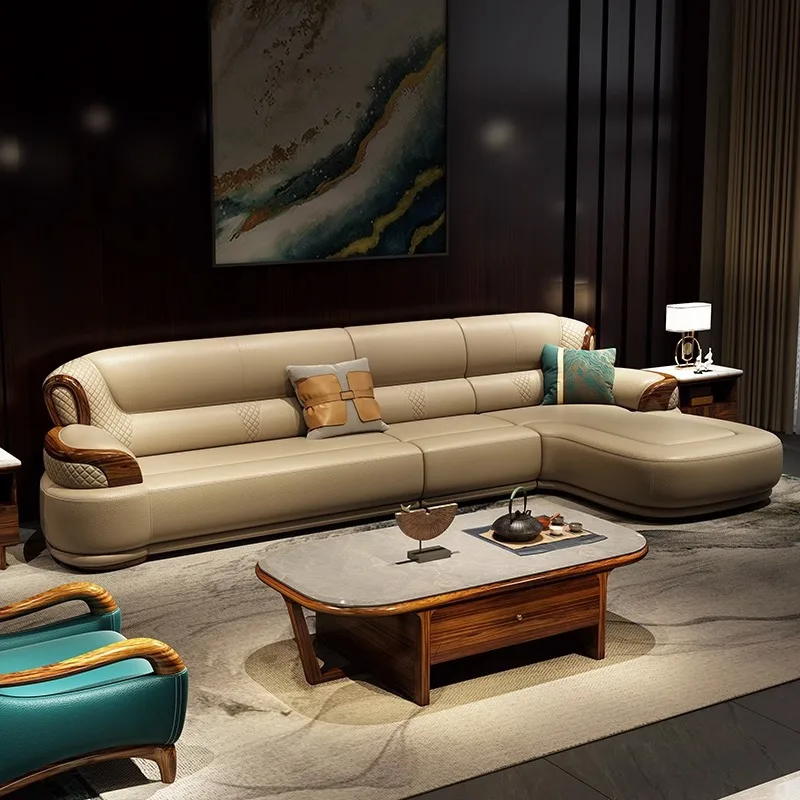 

combination new Chinese-style large and small apartment living room solid wood modern simple villa cowhide furniture