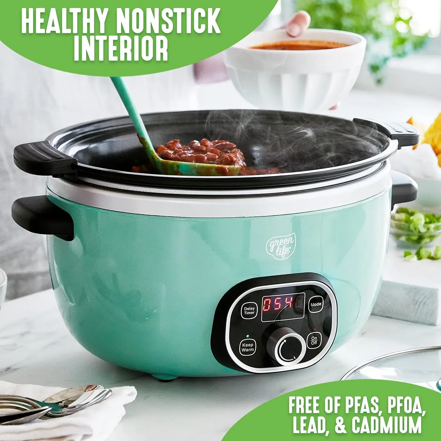 NEW Cook Duo Healthy Ceramic Nonstick Programmable 6 Quart Family-Sized Slow Cooker, PFAS-Free, Removable Lid and Pot