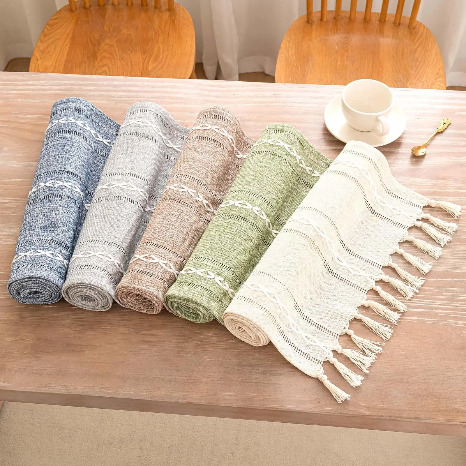 Farmhouse Decor Table Runner with Macrame, Boho Rustic Elegant Table Runners for Dining Room Kitchen Wedding Party Decoration