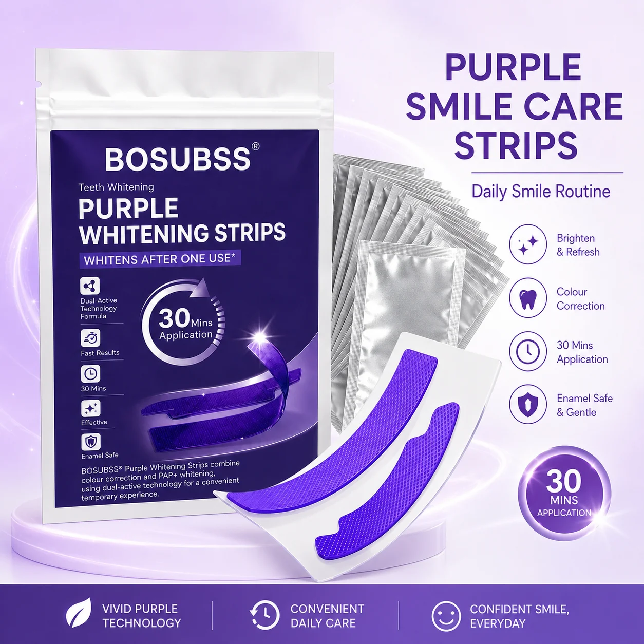 3 Pairs Purple Smile Care Strips, Oral Beauty Teeth Stickers, Gentle Fit Easy Home Use Fresh Smile Routine