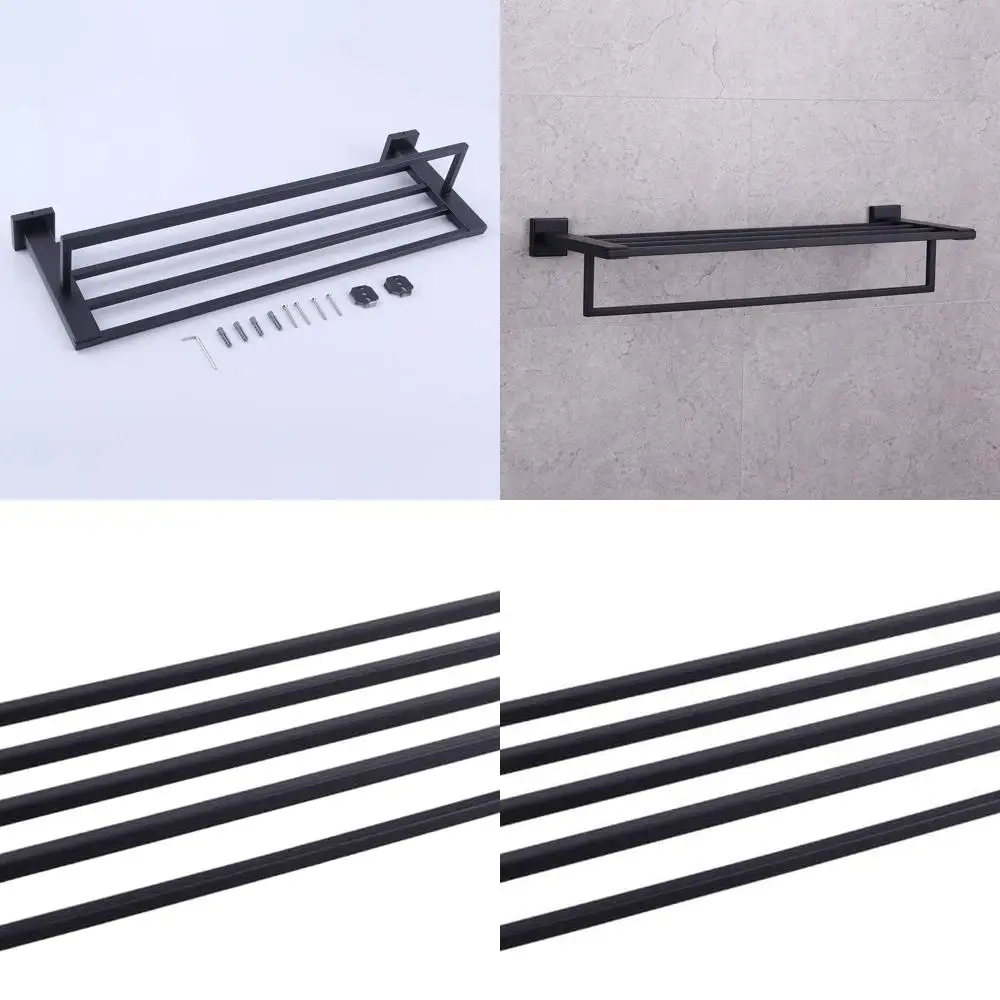 

Modern 24 Matte Black Stainless Steel Bathroom Towel Shelf with Bar Rack Organizer