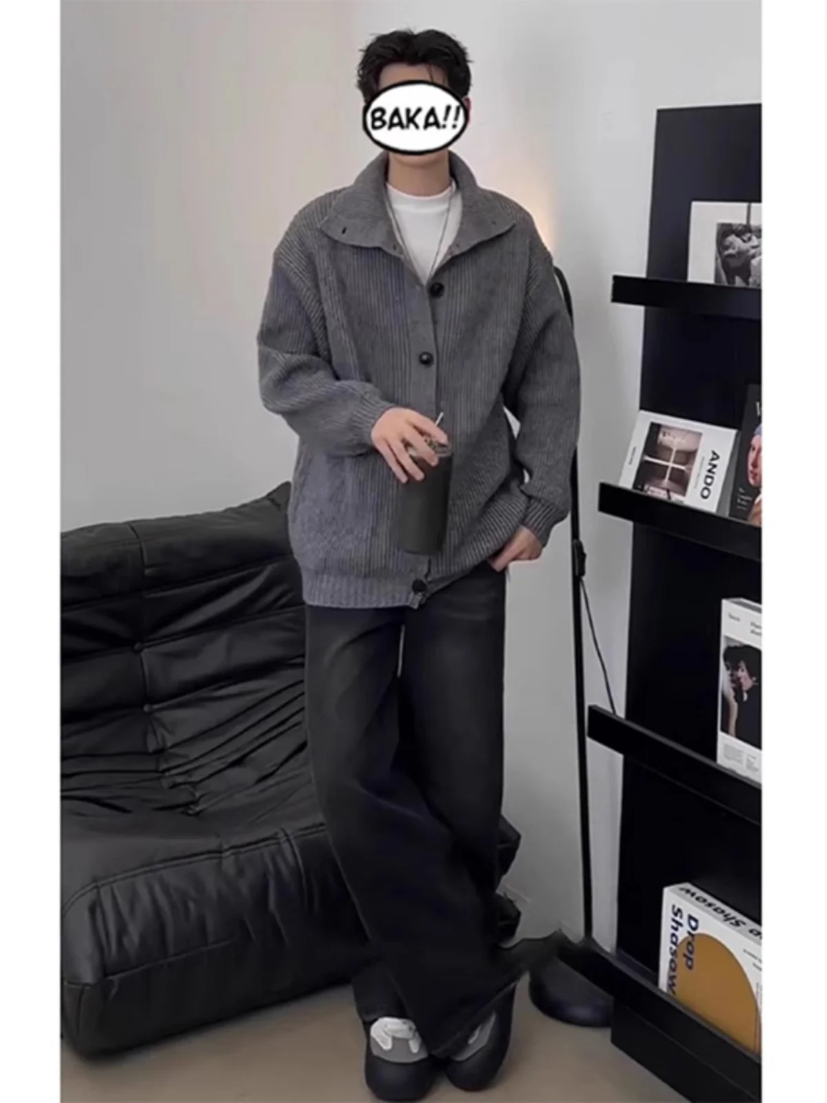 

ay Knitted Open Cardigan Men's Trendy Brand Old Money Sle Semi-High Collar Autumn Top American Lazy Sle Sweater