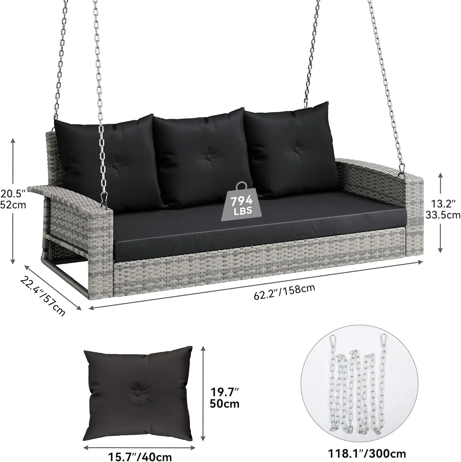 3-Seats Wicker Hanging Porch Swing Chair Outdoor Gray Rattan Patio Swing Lounge 3 Back Cushions Capacity for Garden