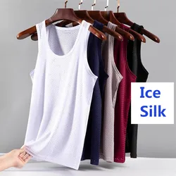 Summer Gym Fitness Men Tops Ice Silk Vest Quick-Drying Sleeveless T Shirts Mesh Hole Sport Casual Breathable Thin Vest Solid