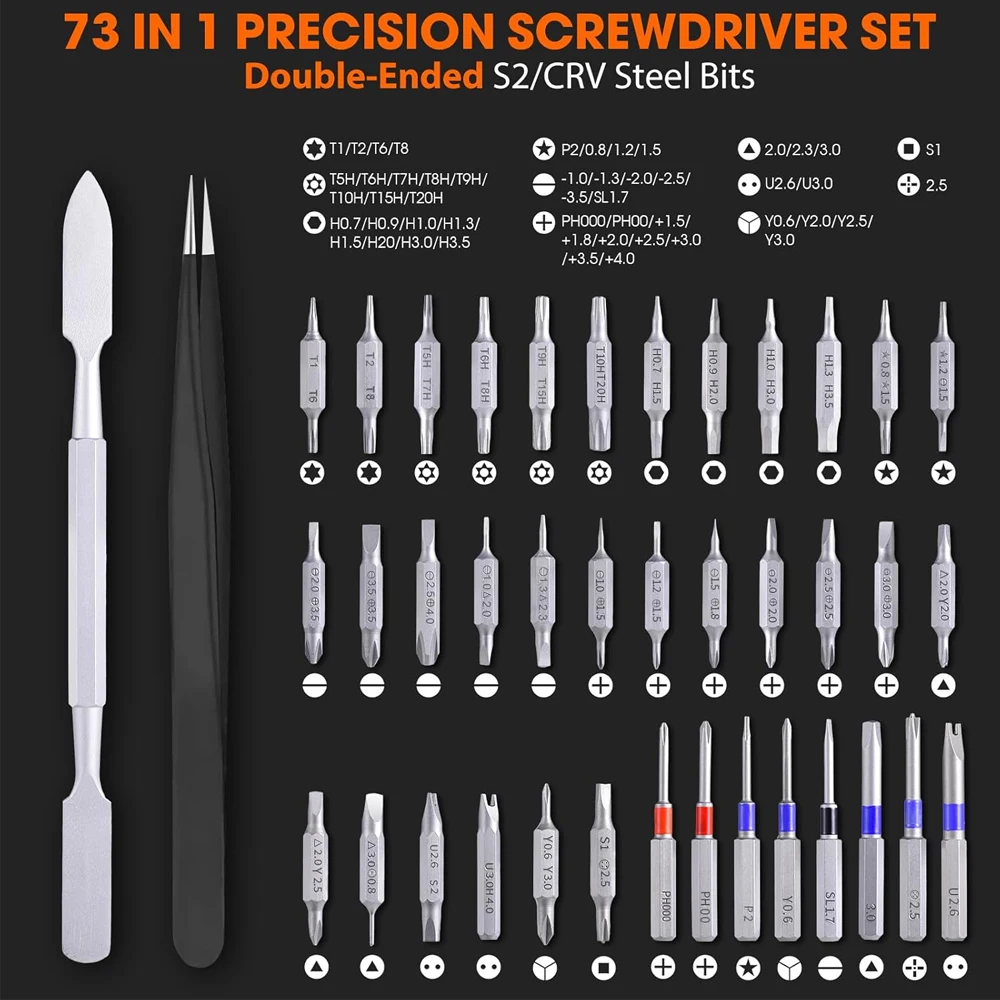 73 in 1 Precision Screwdriver Set with 71 Magnetic Torx Phillips Bits Professional Hand Repair Tools for Camera Phone Watch PC