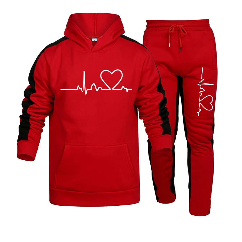 Quality Mens Tracksuit Heart Printing Casual Hooded Sweatshirt 2 Pcs Set Fitness Sports Suit Street Trend Stripe Mens Clothing