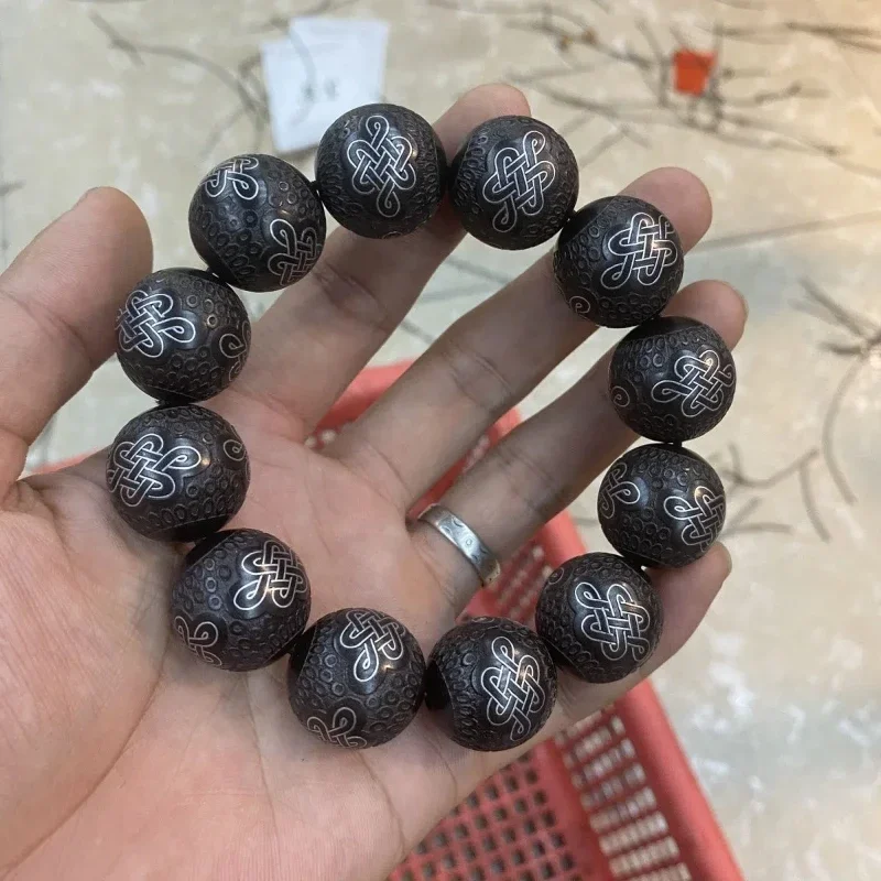 Ebony Wood Inlaid with Agarwood Bracelet Beads Beads Silver Silk Xiangyun Boutique Wood Carved Wen Play Pure Natural Hand String