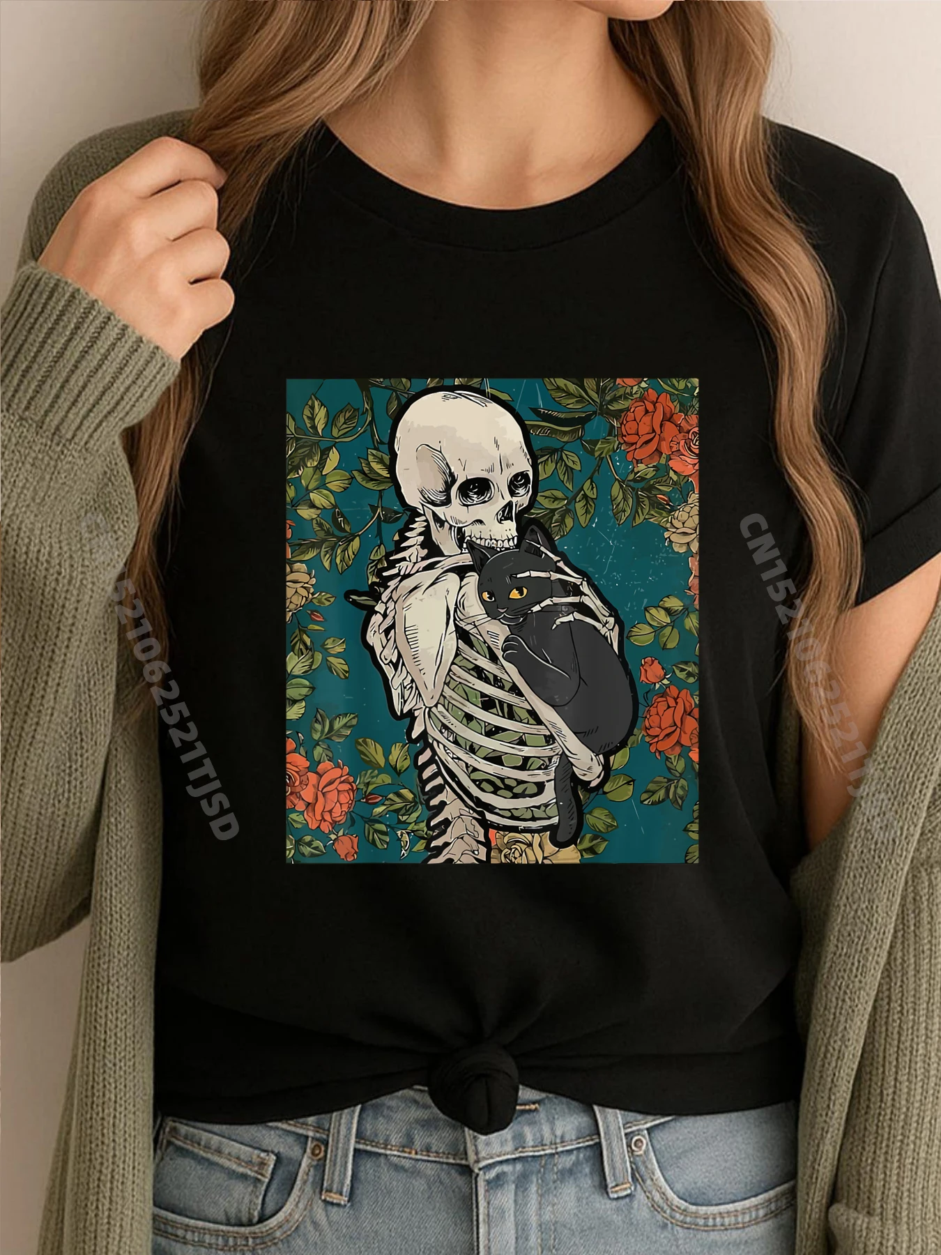 

Рубашка со скелетом держит кошку, костюм ленивого Хэллоуина, черная рубашка с черепом, футболки с графическим рисунком, мужская одежда, предложения Vaporwave