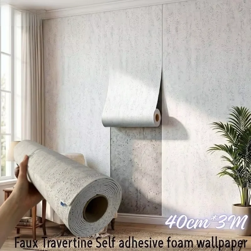 Thick Foam Simulation Travertine Wallpaper Self-Adhesive Faux Stone Wall Panels Stickers for Renters Study Office Wall Makeover