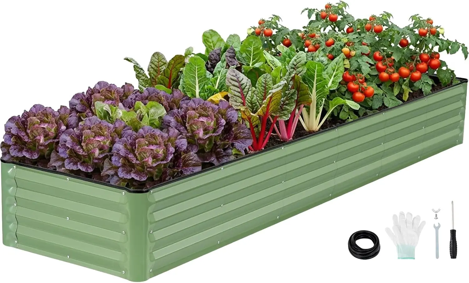 Outdoor Patio Galvanized Olive Green Raised Garden Bed Kit with Gloves for Vegetables & Flowers