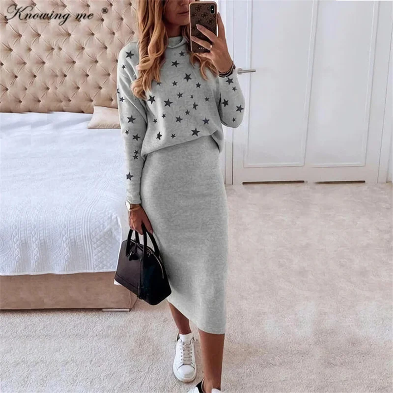 

Autumn Turtleneck Skirt Sets women stars print Long Sleeved Top+package hips 2pcs/set Dress Elegant winter warm dress set