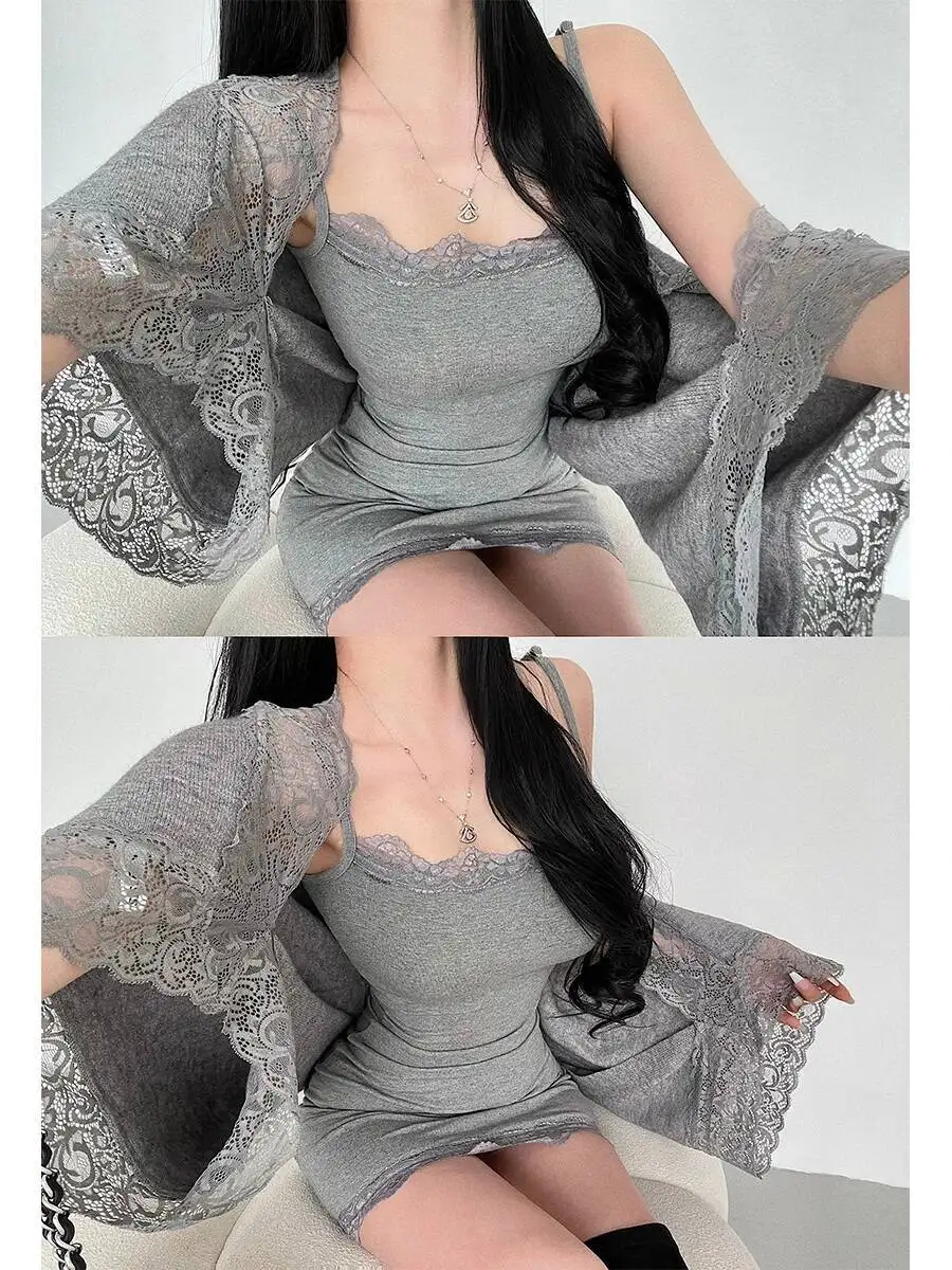 純粋な欲望スタイルセクシーなタイトなスキニーレーススプライシングボトムストラップドレスヒップラップショートドレスエレガントなファッション甘い女性 YY7T