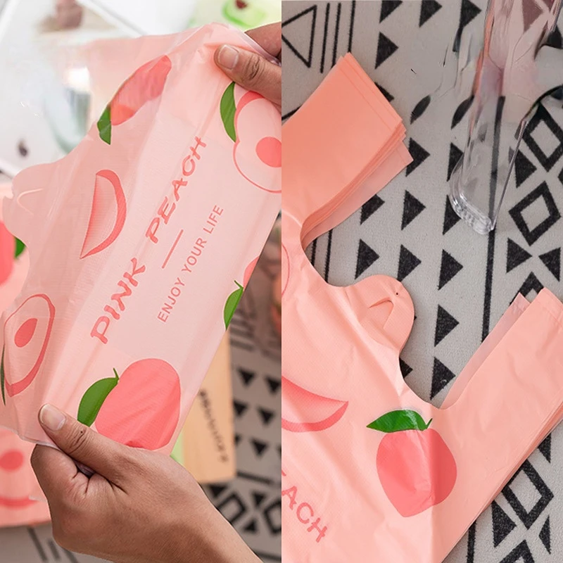 50 Pcs Cute Fruit Plastic Bag Carry Out Bags With Handle For Small Business Food Packaging Retail Supermarket Grocery Shopping