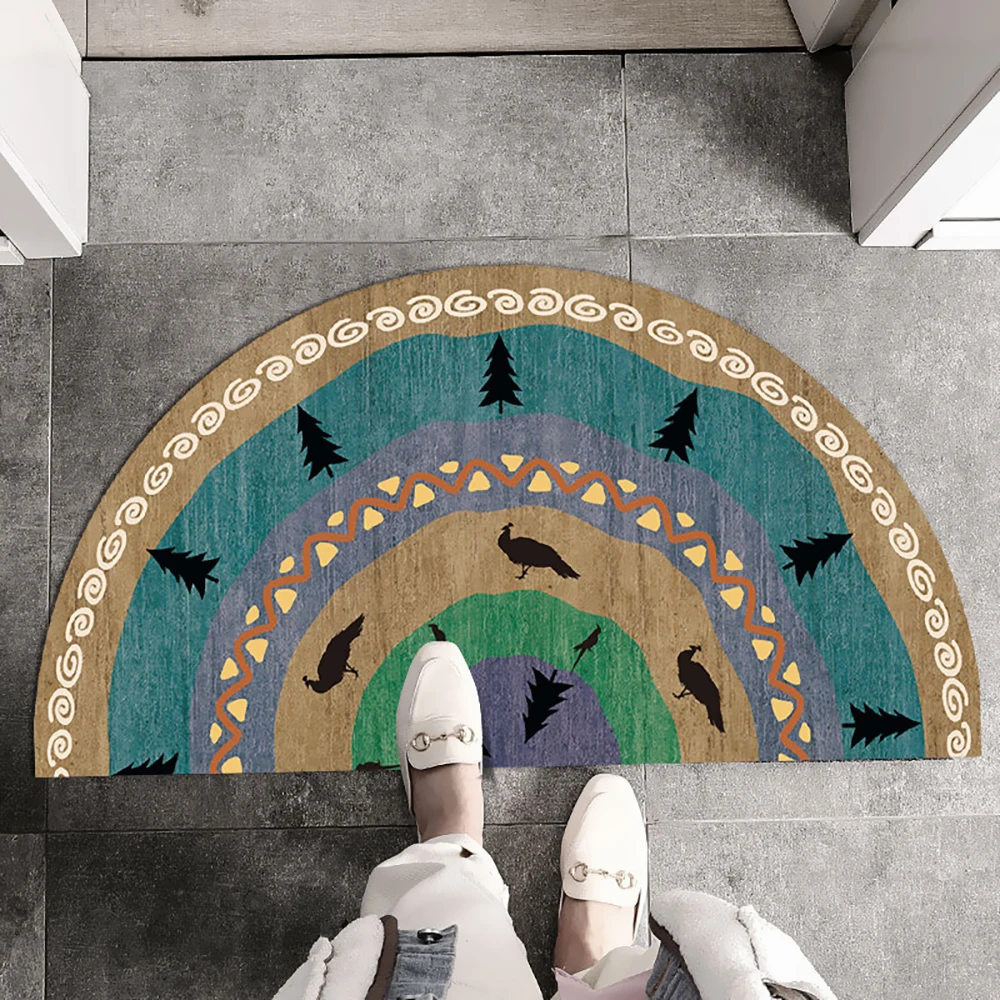 Entrance Doormat Anti Slip Floor Mat Boho Style Bedroom Carpet Half Round Enthnic Strong Water Absorbent Bath Mats Bathroom Rugs