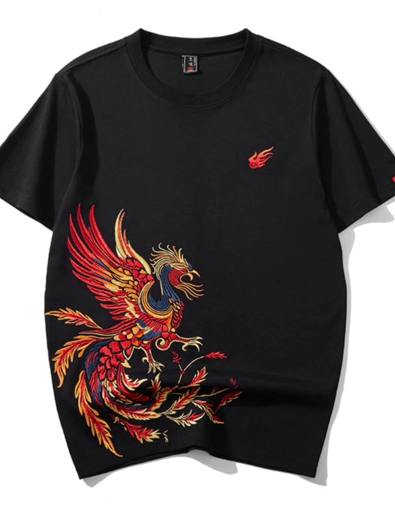 Men Women Hip Hop T Shirt Cotton Chinese Embroidery T Shirt Oversized Casual Animal Phoenix Couple Tees Top Unisex High Quality