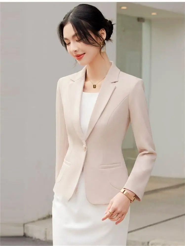 

Ele Slim Fit Women's in Light Beige Spring Autumn High Faion Ladylike Sle Long Sve One Button Closure